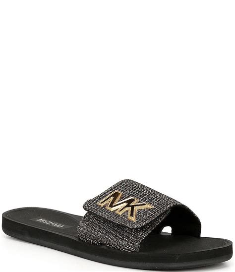 michael michael kors glitter mk logo slides|MK Logo Glitter Slide Sandal .